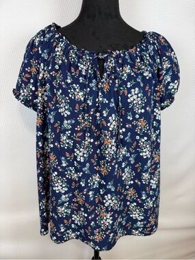 St Johns Bay PL Floral Top Blue White Peasant Boho Cap Sleeve  Tie Neck Cotton